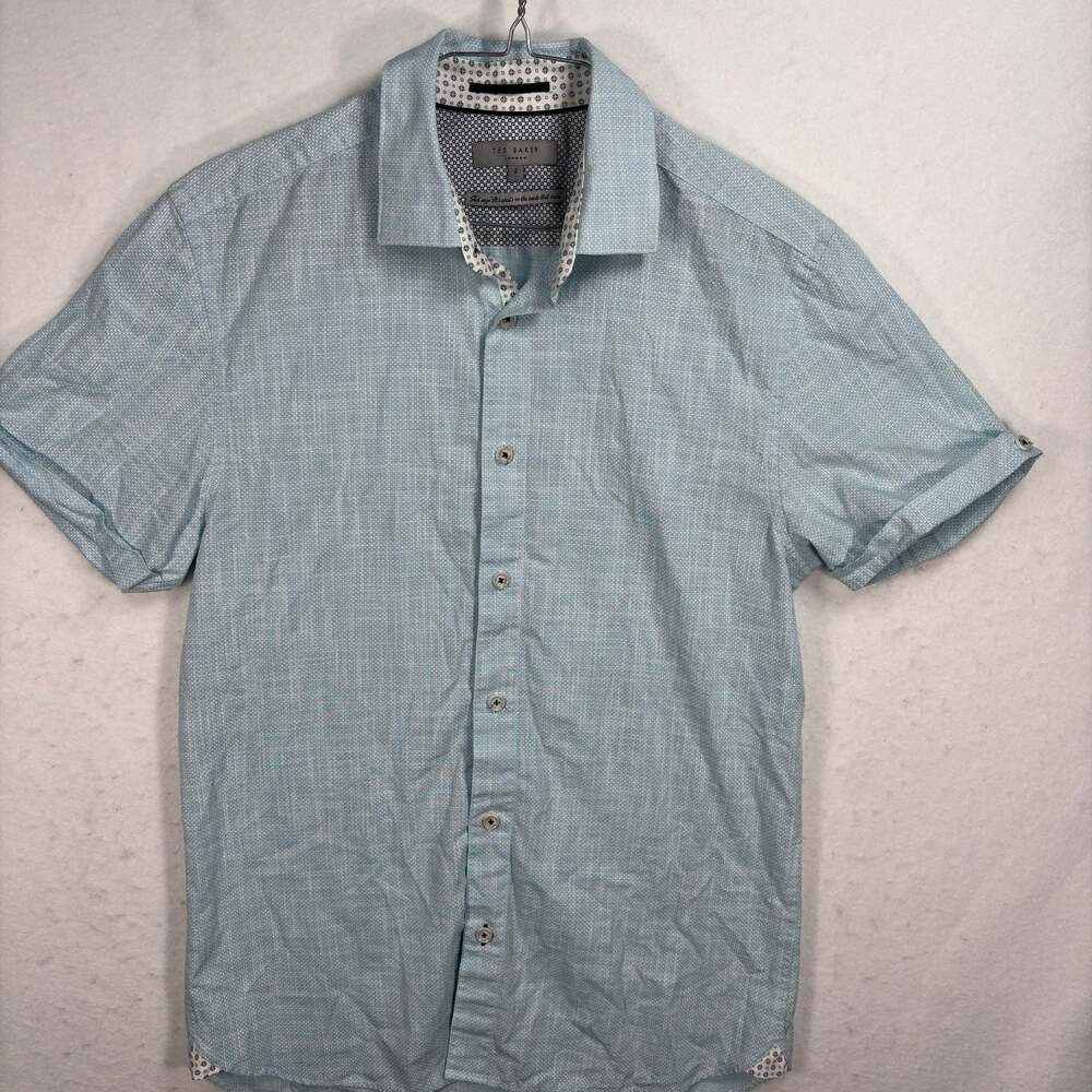 Ted Baker‎ London Shirt Mens 2 Small Light Blue Short Sleeve Geo Trim Button Up